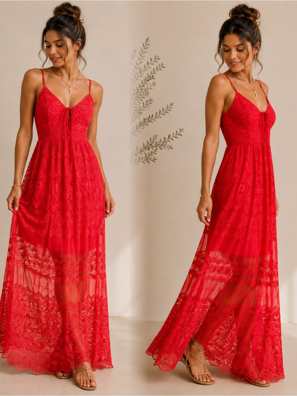 ILLA ILLA Red Lace Maxi Dress with Spaghetti Straps